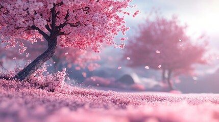 Fototapeta premium A serene landscape featuring blooming cherry blossom trees in a tranquil setting.