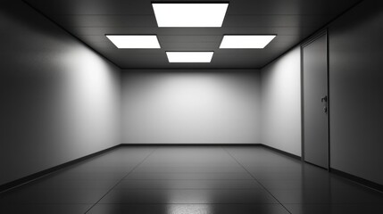 A vast, empty room awaits discovery, featuring sleek, dark flooring and four bright ceiling lights that cast sharp reflections. The stark white walls enhance the sense of openness and tranquility