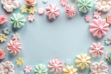 Whimsical pastel meringues form a delightful border on a soothing blue background