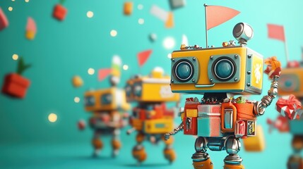 Colorful robots with flags and cheerful expressions in a playful, vibrant setting.
