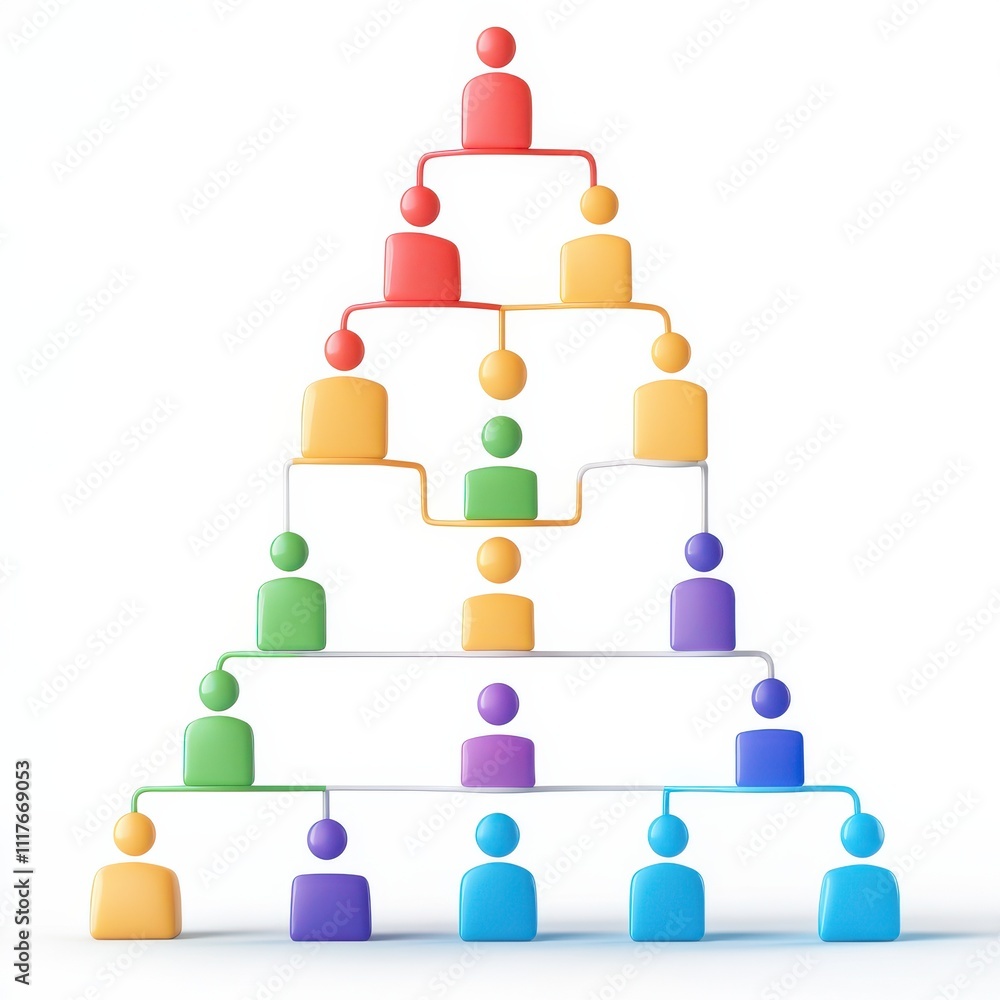 Aufkleber a colorful organizational chart showing a hierarchical structure with various people icons, represen