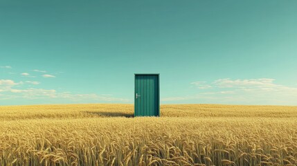  A single green wooden door standing alone in the middle of a vast rye field.