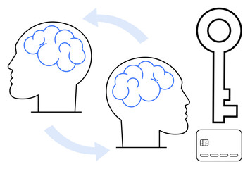 Two human heads with brain diagrams connected by arrows, key, and credit card. Ideal for knowledge transfer, security, finance, creativity, mind processes learning and data exchange. Line metaphor