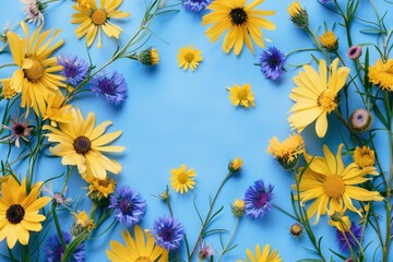 Colorful flowers arrangement on a blue background, featuring yellow daisies and purple cornflowers, depicting a vibrant and fresh spring concept Perfect for floral designs