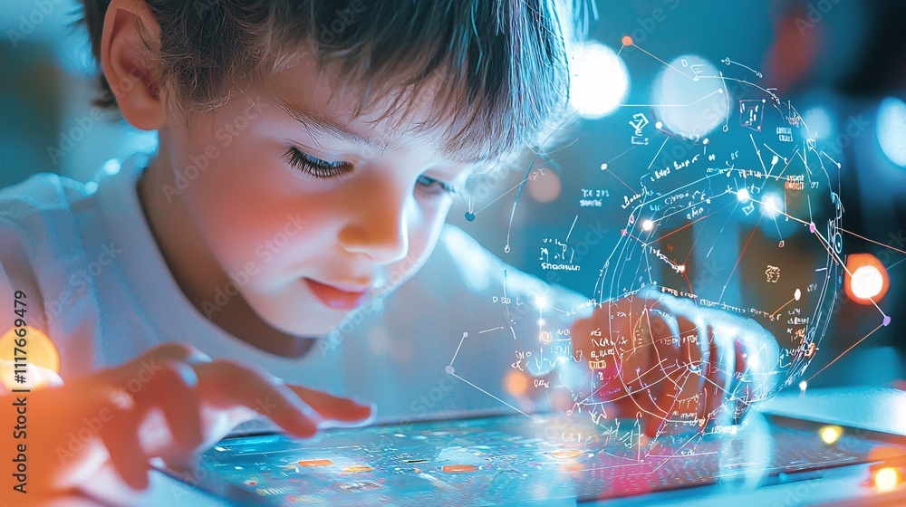 Poster education technology and online learning platforms concept. child engaged with digital tablet and vi