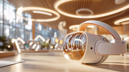 Education Technology and Online Learning Platforms Concept. Modern Virtual Reality Headset in Stylish Room