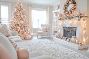 christmas tree in living room holiday season decoration, Rose gold ornaments, blush pink accents, and soft warm lights 