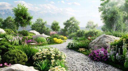 Obraz premium Serene Landscape Garden with Colorful Flowers and Rocks