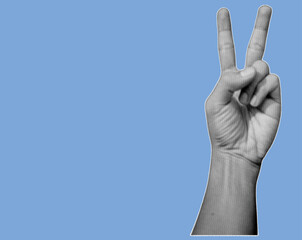 close up of hand gesture V sign for victory or peace pixelate grayscale color halftone dotted texture style collage element isolated on blue background