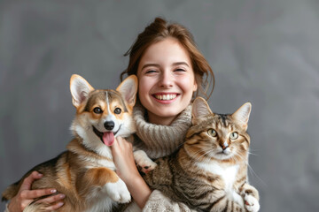 a smiling woman who holds a cute corgi and a cat, love and care for pets.