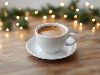 Obraz premium Warm Coffee Drink On Wooden Table Festive Lights