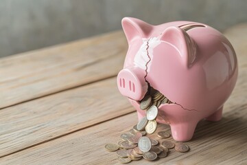 Liquidity issues Concept. Piggy bank broken with coins spilling out on a wooden surface.