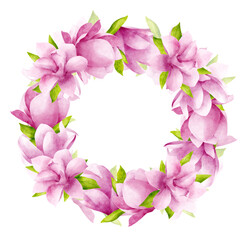 Beautiful magnolias in pink color with leaves. Hand drawn watercolor illustration. Wreath, circle frame on a white background empty for text