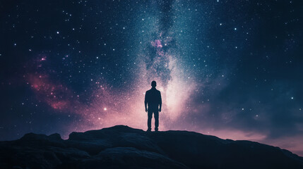 Silhouette of a person on a rock gazing at a stunning starry sky, with the Milky Way vividly illuminating the night scene, evoking wonder and solitude.