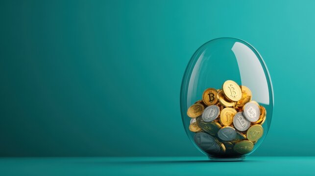 Transparent egg with bitcoins on teal background symbolizing cryptocurrency investment and saving