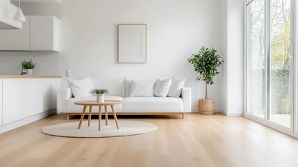Modern minimalist living room with white sofa and indoor plants