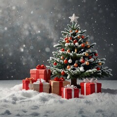 Serene Snowy Christmas Scene: Tree and Gifts in a Winter Wonderland