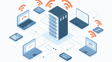 Illustration of a server connected to multiple devices via wireless signals.