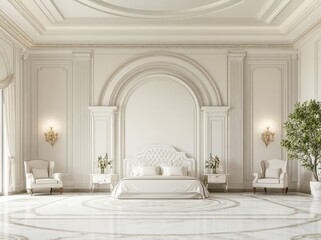 Obraz premium Luxurious white bedroom with arched wall, marble floor, and elegant furniture.