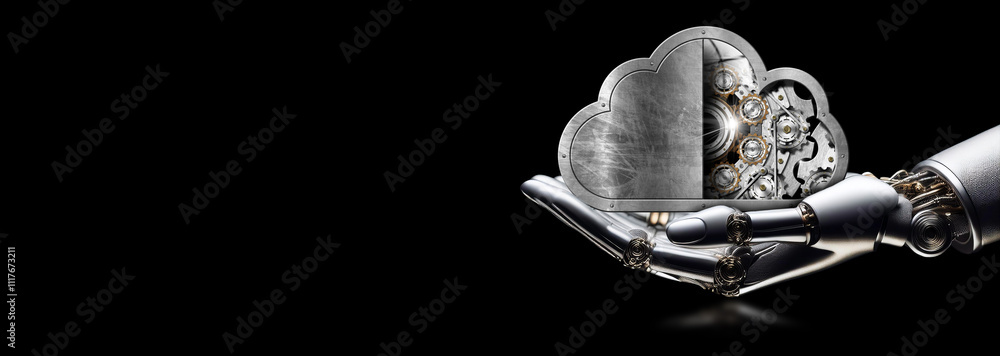Poster extreme closeup, macro photography of a robot hand holding a metallic cloud computing symbol with ge