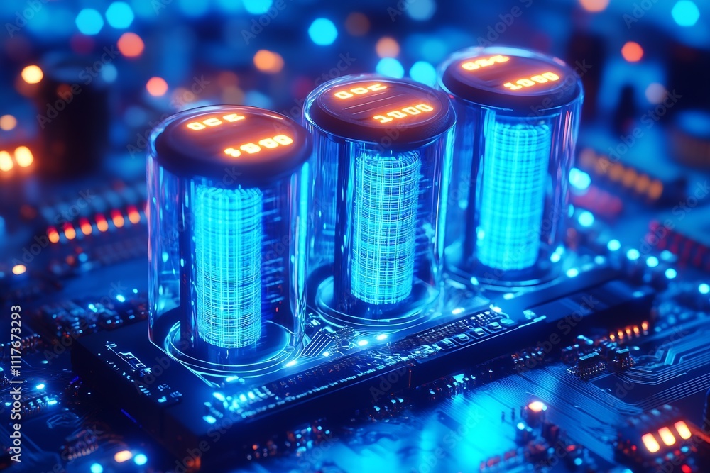 Aufkleber energy cells with blue glow in futuristic circuit board setting : generative ai