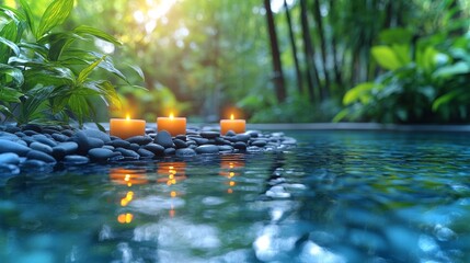 Relaxing tranquility with candles and water reflections in a bamboo-inspired spa setting