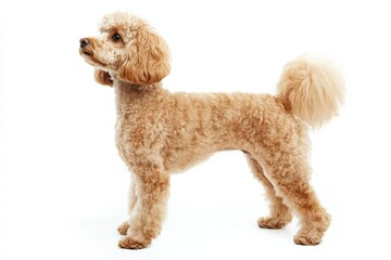 Elegant Apricot Toy Poodle Standing in Profile, Isolated on White Background.