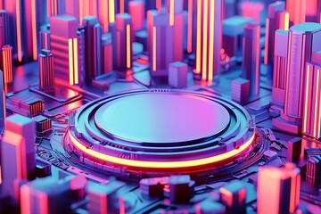 Fototapeta premium Futuristic Neon Circuit Cityscape with Glowing Skyscrapers and Technology : Generative AI