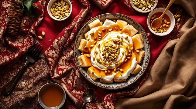 Kaimaq Shirini Dessert with Creamy Clotted Cream, Honey, and Mixed Nuts (Kyrgyzstan Cuisine)