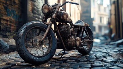 Obraz premium A rugged motorbike with patched tires and a scratched frame, standing on a cobblestone road, 