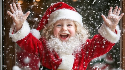 Child Excitedly Spotting Santa Claus Outside in Winter Scene