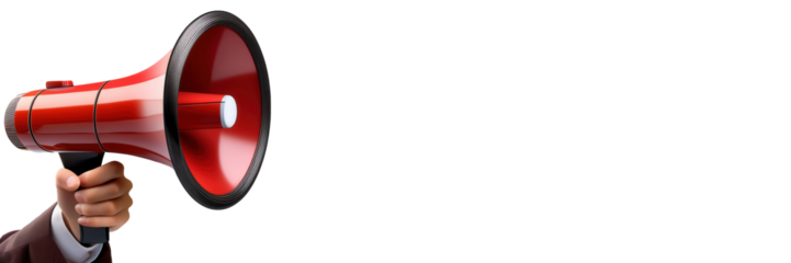 Red loudspeaker in hand on transparent background