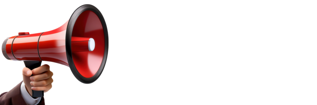 Red loudspeaker in hand on transparent background