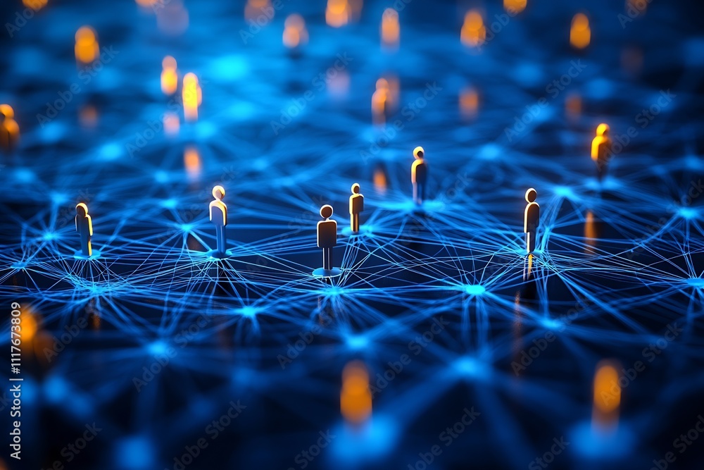 Leinwandbilder futuristic network digital connection concept with 3d figures and blue glowing lines : generative ai