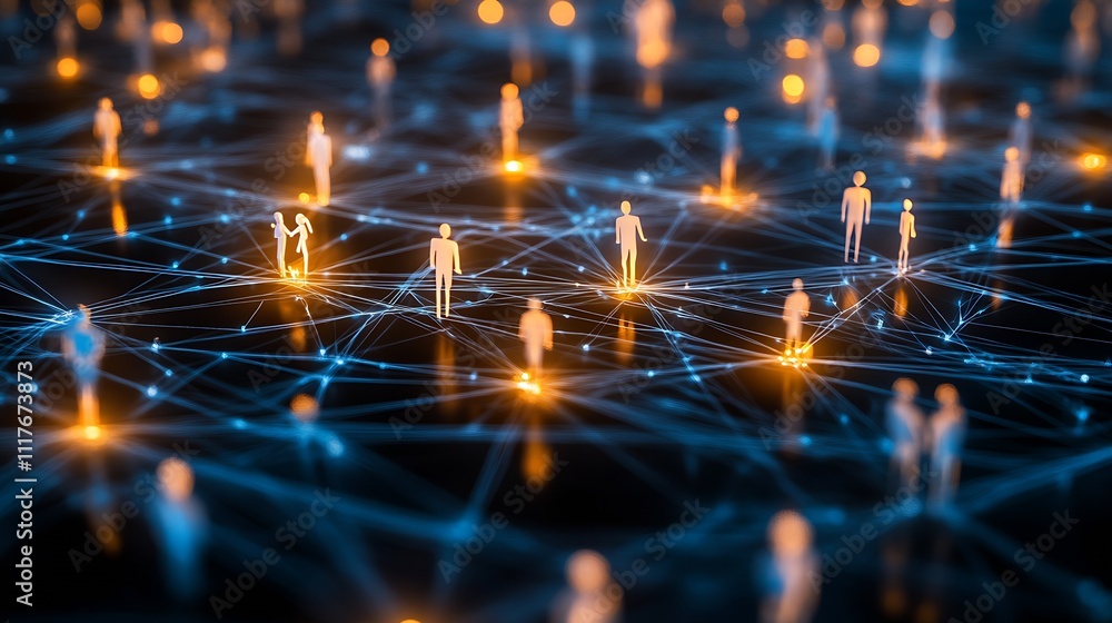 Aufkleber Network Visualization with Abstract Figure and Glowing Node Connections : Generative AI