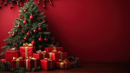 A Christmas tree with Christmas themed many red gifts boxes with golden ribbons on red solid backdrop table, Christmas themed decors and string lightings hanging from above, Christmas background