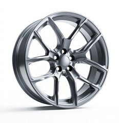 Obraz premium Modern Gunmetal Grey Alloy Car Wheel, Isolated on White Background, Perfect for Automotive Design and Advertising Projects.