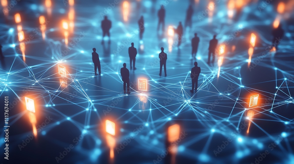 Poster Abstract network of digital connections with glowing nodes and silhouettes in futuristic cyberspace : Generative AI