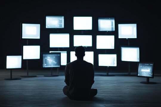 Solitary Figure Contemplating a Wall of Glowing Screens, Representing the Overwhelming Nature of Digital Information and the Potential for Social Isolation in the Modern Age.