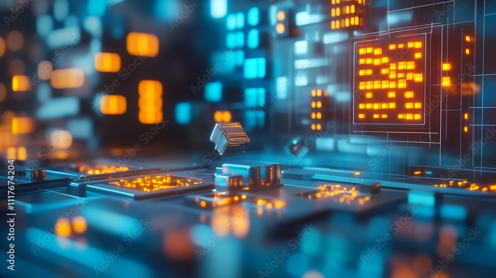Poster futuristic digital circuit board with glowing orange and blue technology patterns : generative ai