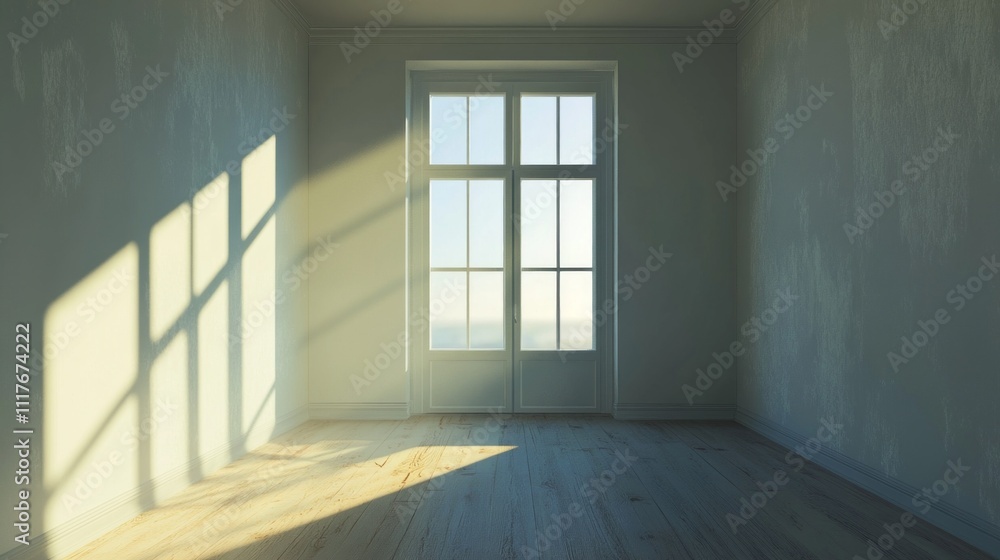 Poster Soft rays filter through large windows, casting gentle shadows across the bare wooden floor. The atmosphere feels calm and inviting, perfect for reflection and creativity