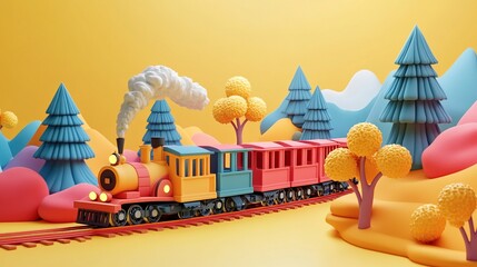 Fototapeta premium A colorful toy train travels through a whimsical landscape of stylized trees and hills.