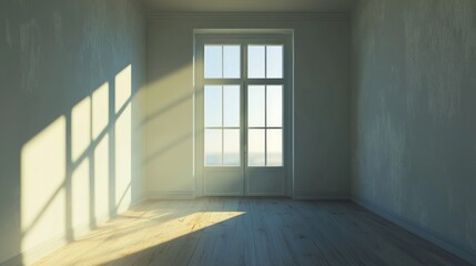 Obraz premium Soft rays filter through large windows, casting gentle shadows across the bare wooden floor. The atmosphere feels calm and inviting, perfect for reflection and creativity