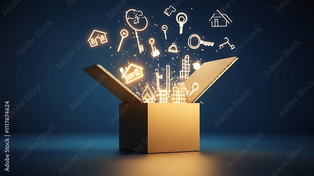 Poster Innovative Symbolic Bright Icons Exploding from Enigmatic Open Box Concept : Generative AI