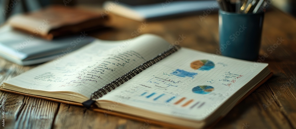 Aufkleber a notebook with graphs and charts lies open on a wooden table.