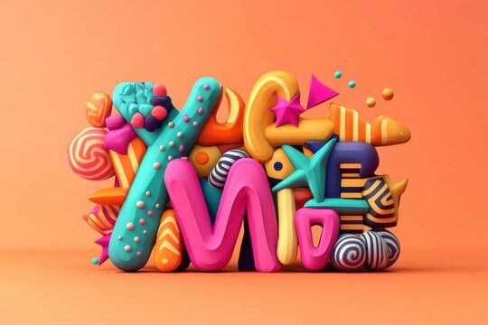 Colorful 3D typography with playful shapes and patterns.