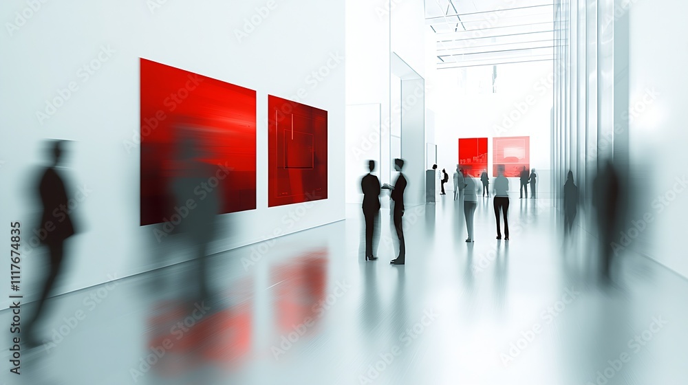 Poster modern abstract art gallery visit with red paintings and blurred visitors walking : generative ai