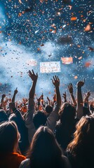 A sports victory celebration with cheering fans, confetti, and team banners, with an empty space above for a text overlay