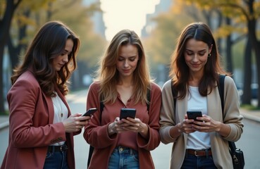 Fototapeta premium Diverse Female Friends Enjoying Urban Lifestyle: Multicultural Women Using Smartphones on Vibrant City Street