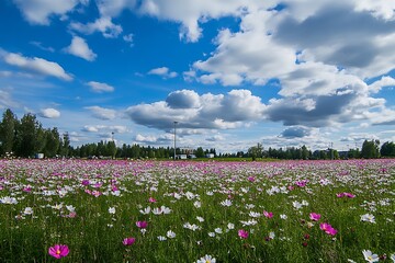 Idyllic Meadow with Colorful Flowers Underneath Partly Cloudy Skies : Generative AI
